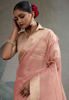 Woven Border Tissue Silk Saree in Peach