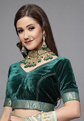 Woven Border Velvet Blouse in Teal Green