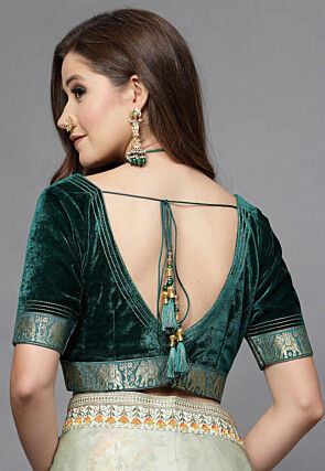 Woven Border Velvet Blouse in Teal Green