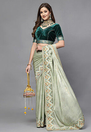 Woven Border Velvet Blouse in Teal Green