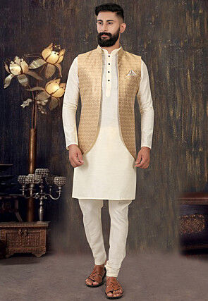 Woven Brocade Nehru Jacket in Golden