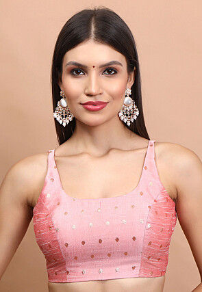 Woven Brocade Silk Blouse in Baby Pink