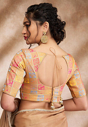 Woven Brocade Silk Blouse in Beige