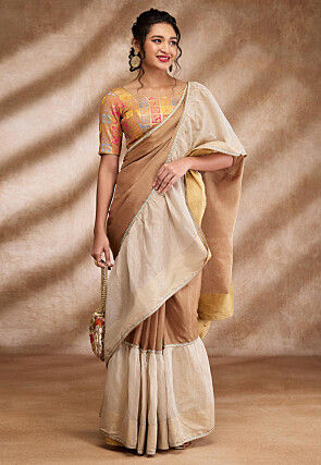 Woven Brocade Silk Blouse in Beige