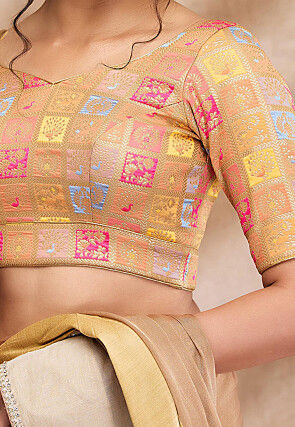 Woven Brocade Silk Blouse in Beige