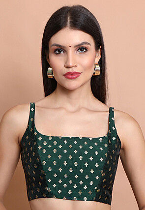 Woven Brocade Silk Blouse in Dark Green