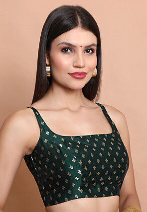 Woven Brocade Silk Blouse in Dark Green