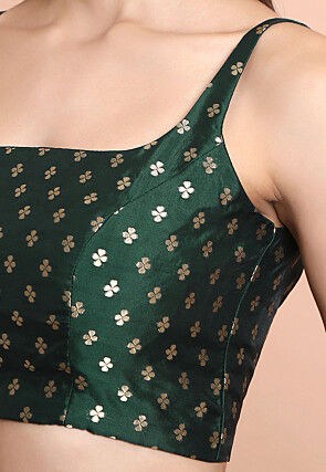 Woven Brocade Silk Blouse in Dark Green
