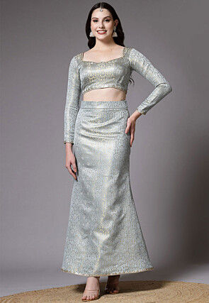Brocade Silk Lehenga in Beige and Grey