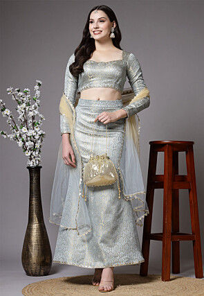 Brocade Silk Lehenga in Beige and Grey