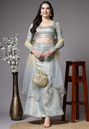 Brocade Silk Lehenga in Beige and Grey