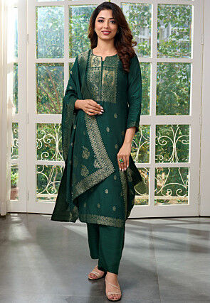 Woven Brocade Silk Pakistani Suit in Dark Green