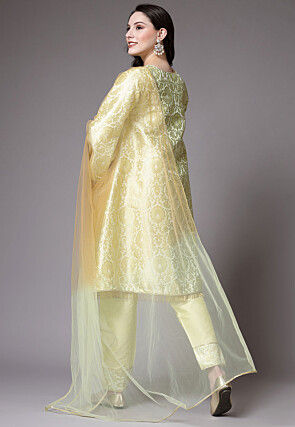 Woven Brocade Silk Pakistani Suit in Light Yellow