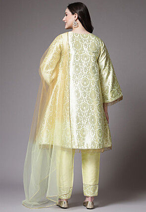 Woven Brocade Silk Pakistani Suit in Light Yellow