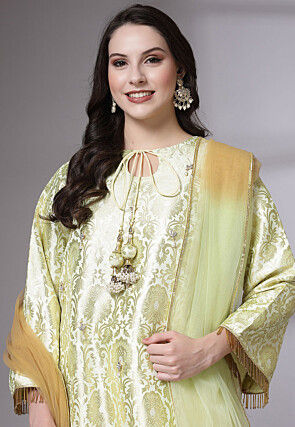 Woven Brocade Silk Pakistani Suit in Light Yellow