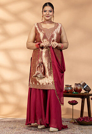 Woven Brocade Silk Pakistani Suit in Maroon