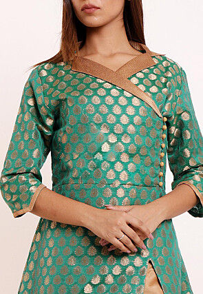 Woven Chanderi Brocade Front Slitted Kurta in Teal Green