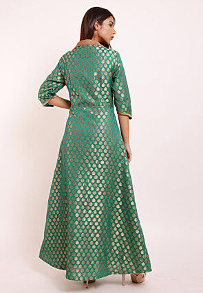 Woven Chanderi Brocade Front Slitted Kurta in Teal Green