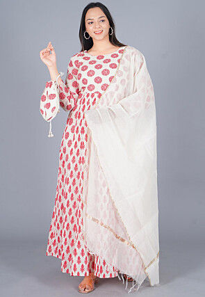 Woven Chanderi Cotton Abaya Style Suit in off White