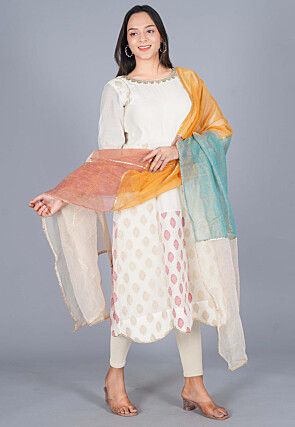 Woven Chanderi Cotton Anarkali Suit in off White