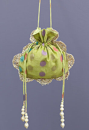 Woven Chanderi Cotton Jacquard Potli Bag in Light Green