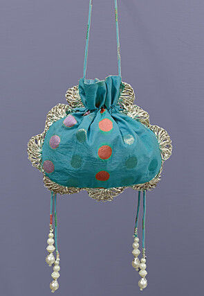 Woven Chanderi Cotton Jacquard Potli Bag in Teal Blue
