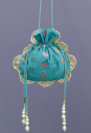 Woven Chanderi Cotton Jacquard Potli Bag in Teal Blue