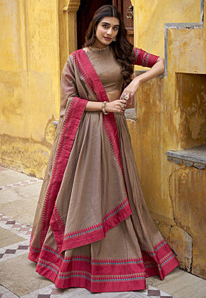 Woven Chanderi Cotton Lehenga in Beige
