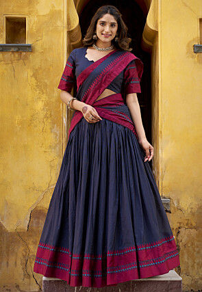 Woven Chanderi Cotton Lehenga in Navy Blue