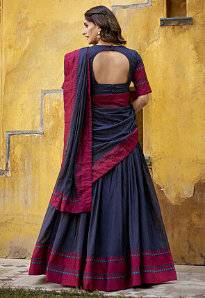 Woven Chanderi Cotton Lehenga in Navy Blue