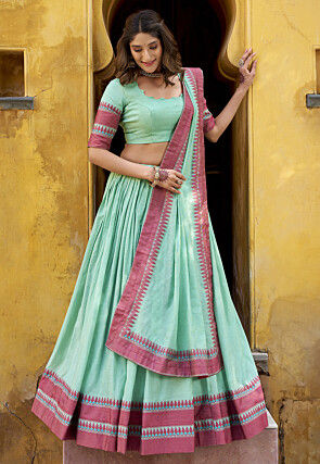 Woven Chanderi Cotton Lehenga in Sea Green