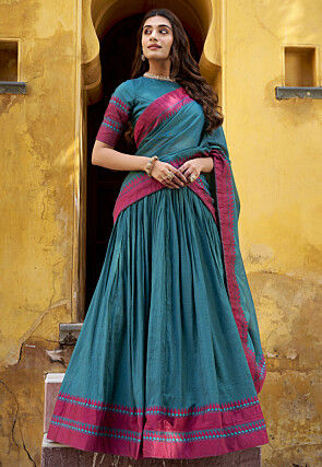 Woven Chanderi Cotton Lehenga in Teal Blue