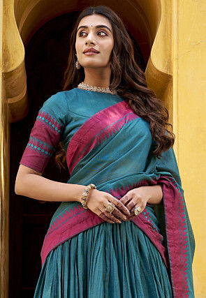 Woven Chanderi Cotton Lehenga in Teal Blue