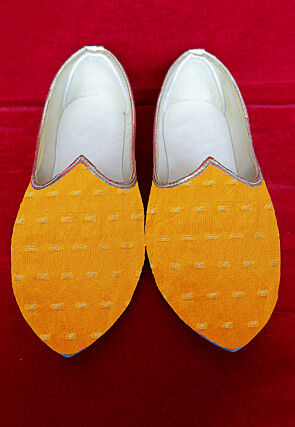 Woven Chanderi Cotton Men Mojari in Mustard