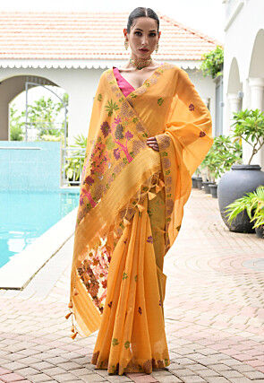 Woven Chanderi Cotton Saree in Orange