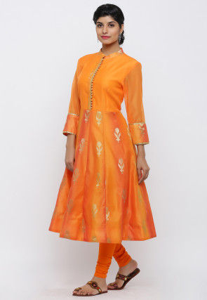 Woven Chanderi Silk Anarkali Kurta Set in Orange