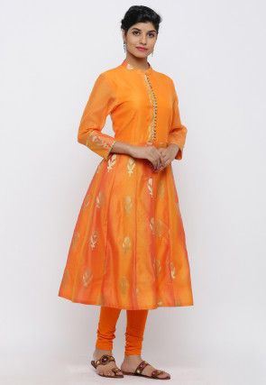 Woven Chanderi Silk Anarkali Kurta Set in Orange