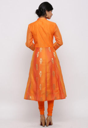 Woven Chanderi Silk Anarkali Kurta Set in Orange