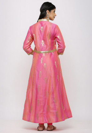 Woven Chanderi Silk Anarkali Kurta Set in Shaded Pink