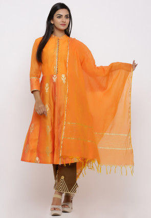 Woven Chanderi Silk Anarkali Suit in Orange