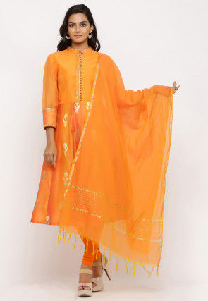 Woven Chanderi Silk Anarkali Suit in Shaded Orange