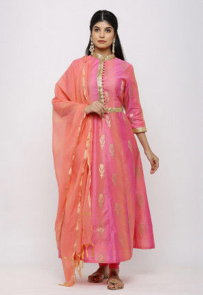 Woven Chanderi Silk Anarkali Suit in Shaded Pink