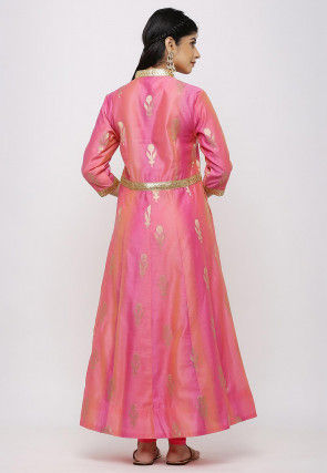 Woven Chanderi Silk Anarkali Suit in Shaded Pink