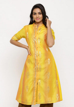 Woven Chanderi Silk Front Open A Line Kurta in Shaded Yellow