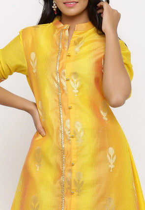 Woven Chanderi Silk Front Open A Line Kurta in Shaded Yellow
