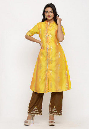 Woven Chanderi Silk Front Open A Line Kurta in Shaded Yellow