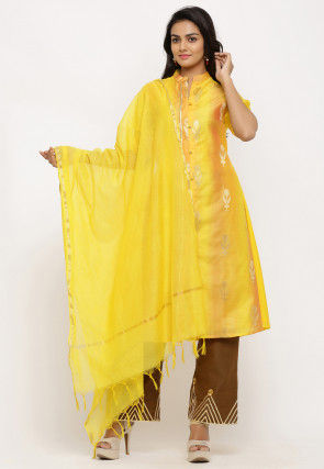 Woven Chanderi Silk Front Open Pakistani Suit in Shaded Yellow