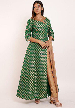 Woven Chanderi Silk Front Slitted Abaya Style Suit in Green
