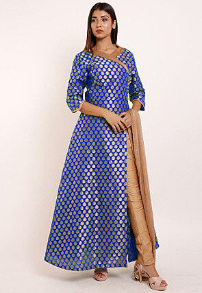 Woven Chanderi Silk Front Slitted Abaya Style Suit in Royal Blue