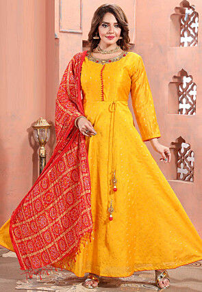 Woven Chanderi Silk Jacquard Abaya Style Suit in Mustard